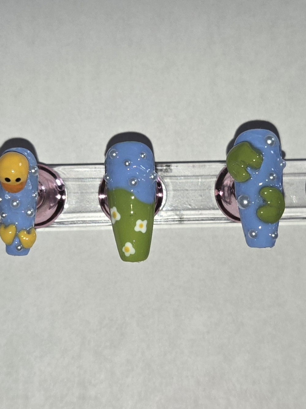 Blue and Green Duckie Nail Set - Cute Floral Design